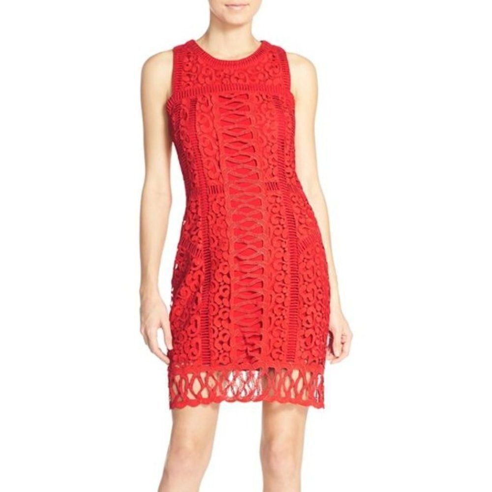 GREYLIN red lace crochet lined midi bodycon cocktail wedding guest dress S